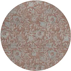 Photo of 8' Terra Cotta Copper And Taupe Round Floral Washable Indoor Outdoor Area Rug
