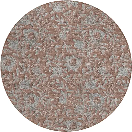 8' Terra Cotta Copper And Taupe Round Floral Washable Indoor Outdoor Area Rug Photo 1