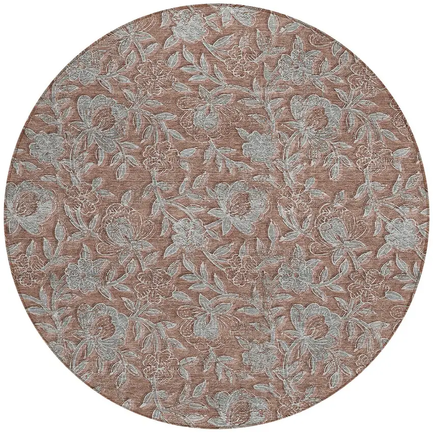 8' Terra Cotta Copper And Taupe Round Floral Washable Indoor Outdoor Area Rug Photo 5