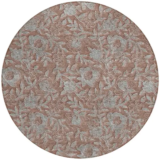 8' Terra Cotta Copper And Taupe Round Floral Washable Indoor Outdoor Area Rug Photo 5