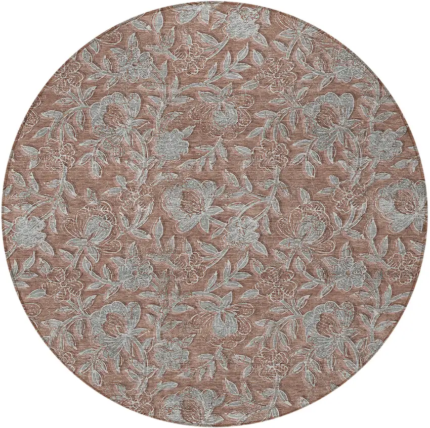 8' Terra Cotta Copper And Taupe Round Floral Washable Indoor Outdoor Area Rug Photo 6