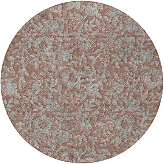 8' Terra Cotta Copper And Taupe Round Floral Washable Indoor Outdoor Area Rug Photo 6