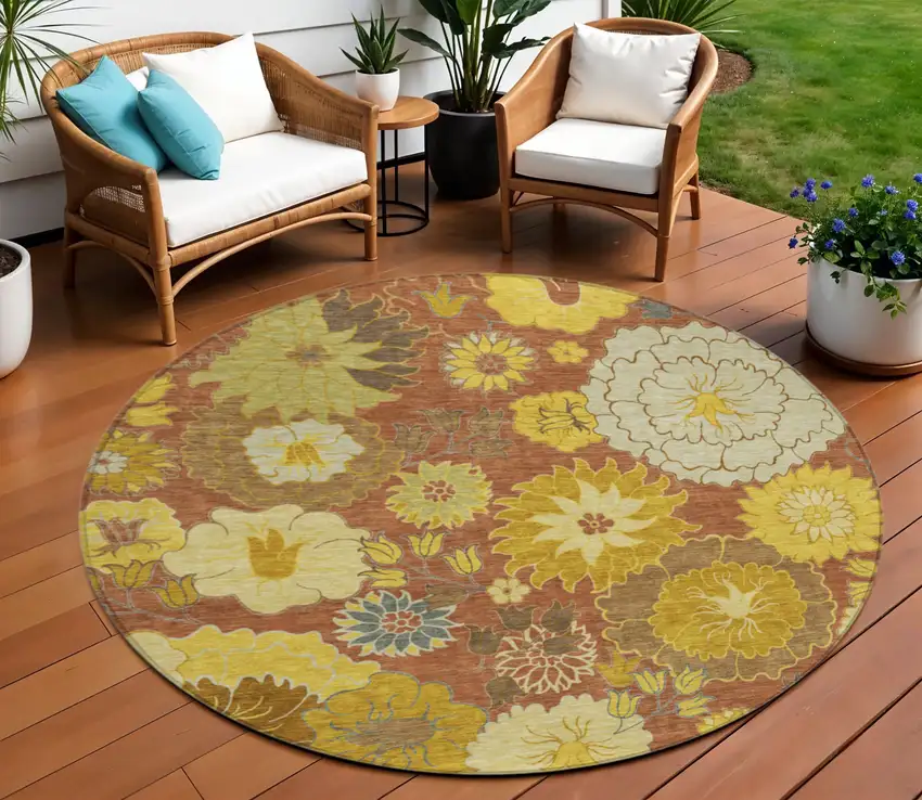 8' Terra Cotta Gold And Beige Round Floral Washable Indoor Outdoor Area Rug Photo 1
