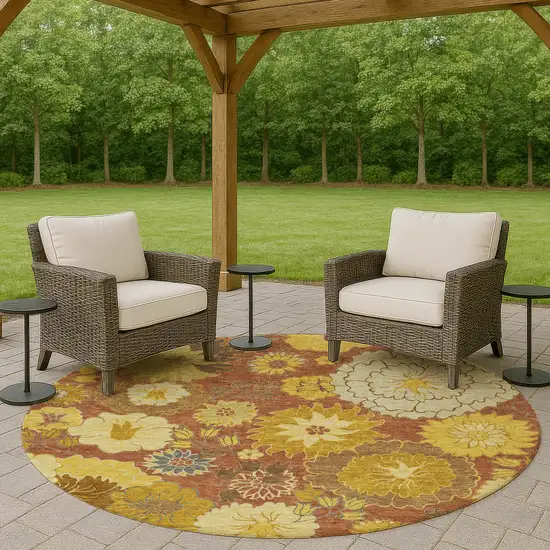 8' Terra Cotta Gold And Beige Round Floral Washable Indoor Outdoor Area Rug Photo 9