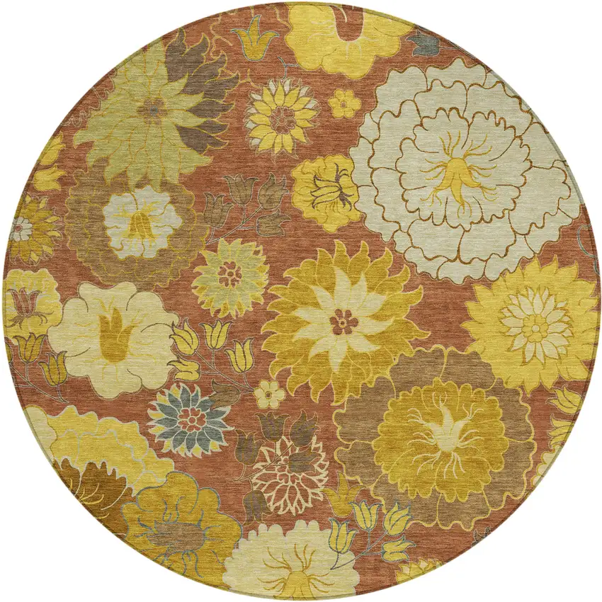 8' Terra Cotta Gold And Beige Round Floral Washable Indoor Outdoor Area Rug Photo 2