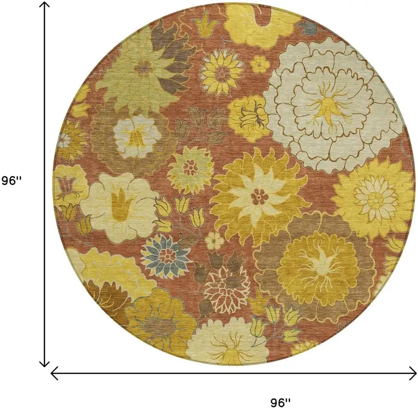 8' Terra Cotta Gold And Beige Round Floral Washable Indoor Outdoor Area Rug Photo 3