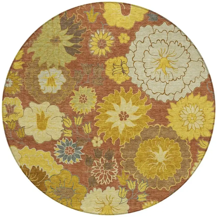 8' Terra Cotta Gold And Beige Round Floral Washable Indoor Outdoor Area Rug Photo 4