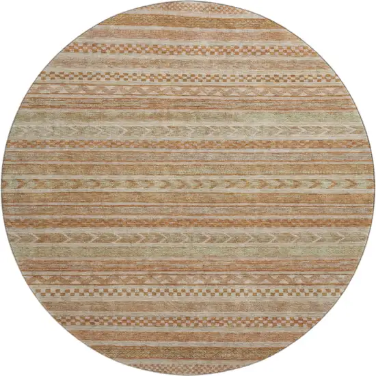 8' Terra Cotta Gold And Beige Striped Washable Round Rug With UV Protection Photo 1
