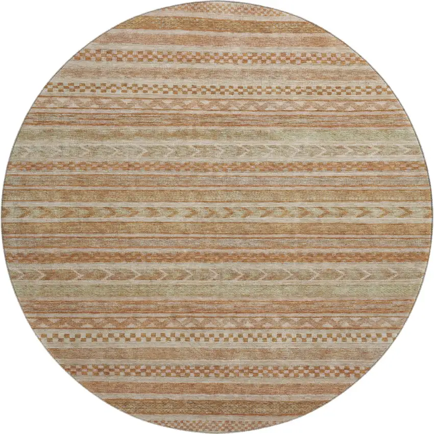 8' Terra Cotta Gold And Beige Striped Washable Round Rug With UV Protection Photo 1