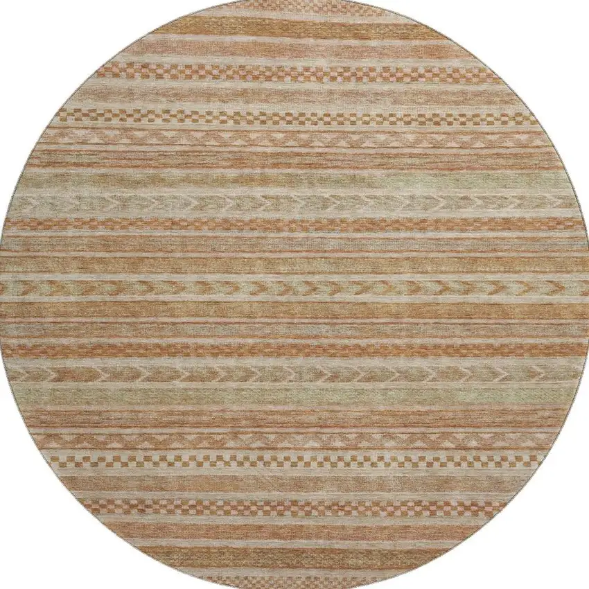 8' Terra Cotta Gold And Beige Striped Washable Round Rug With UV Protection Photo 2
