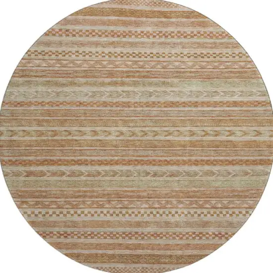 8' Terra Cotta Gold And Beige Striped Washable Round Rug With UV Protection Photo 2