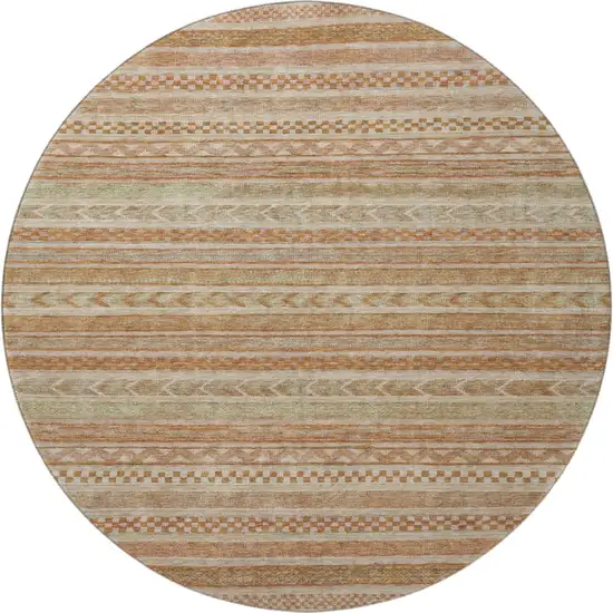 8' Terra Cotta Gold And Beige Striped Washable Round Rug With UV Protection Photo 3