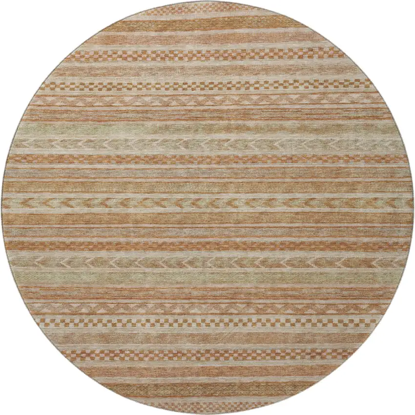 8' Terra Cotta Gold And Beige Striped Washable Round Rug With UV Protection Photo 3