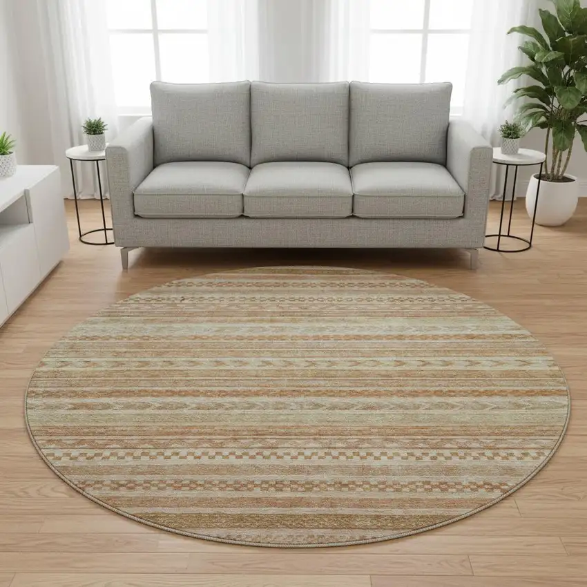 8' Terra Cotta Gold And Beige Striped Washable Round Rug With UV Protection Photo 2