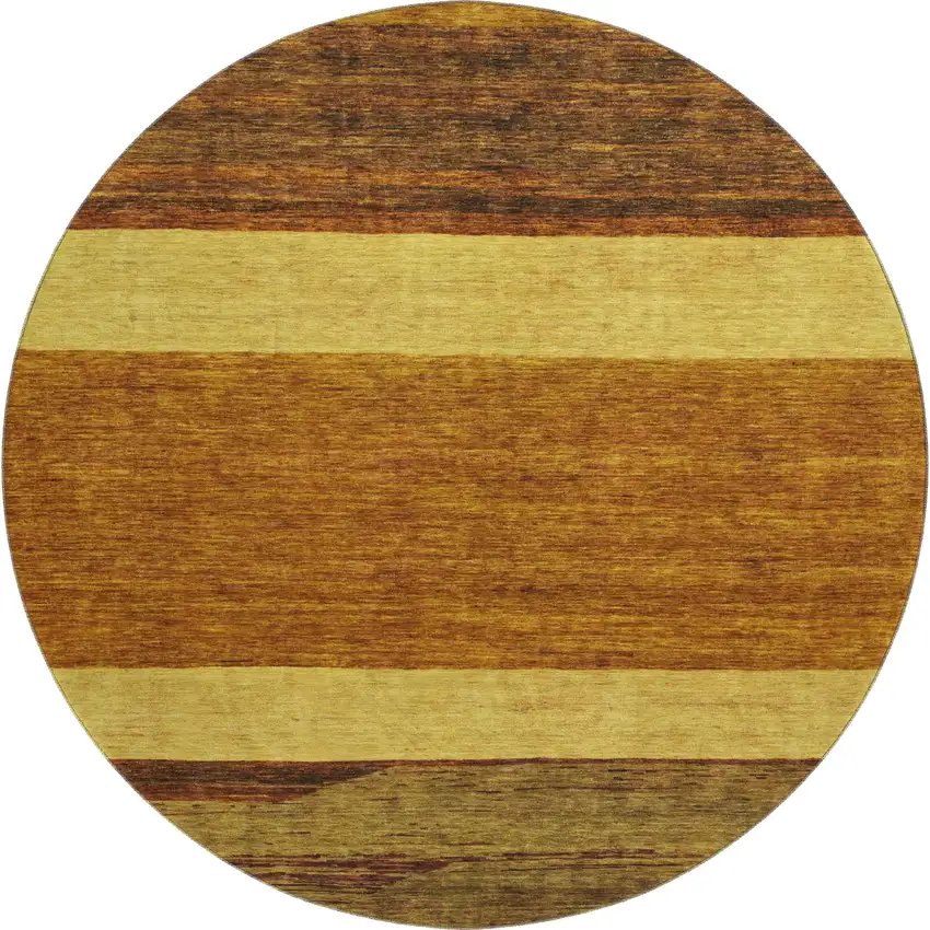 8' Terra Cotta Gold And Brown Striped Washable Round Rug With UV Protection Photo 1