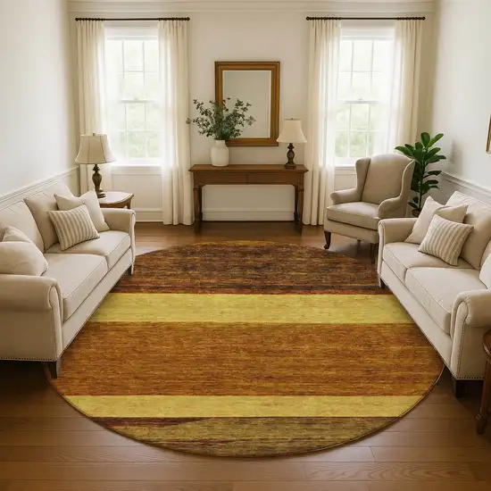 8' Terra Cotta Gold And Brown Striped Washable Round Rug With UV Protection Photo 4