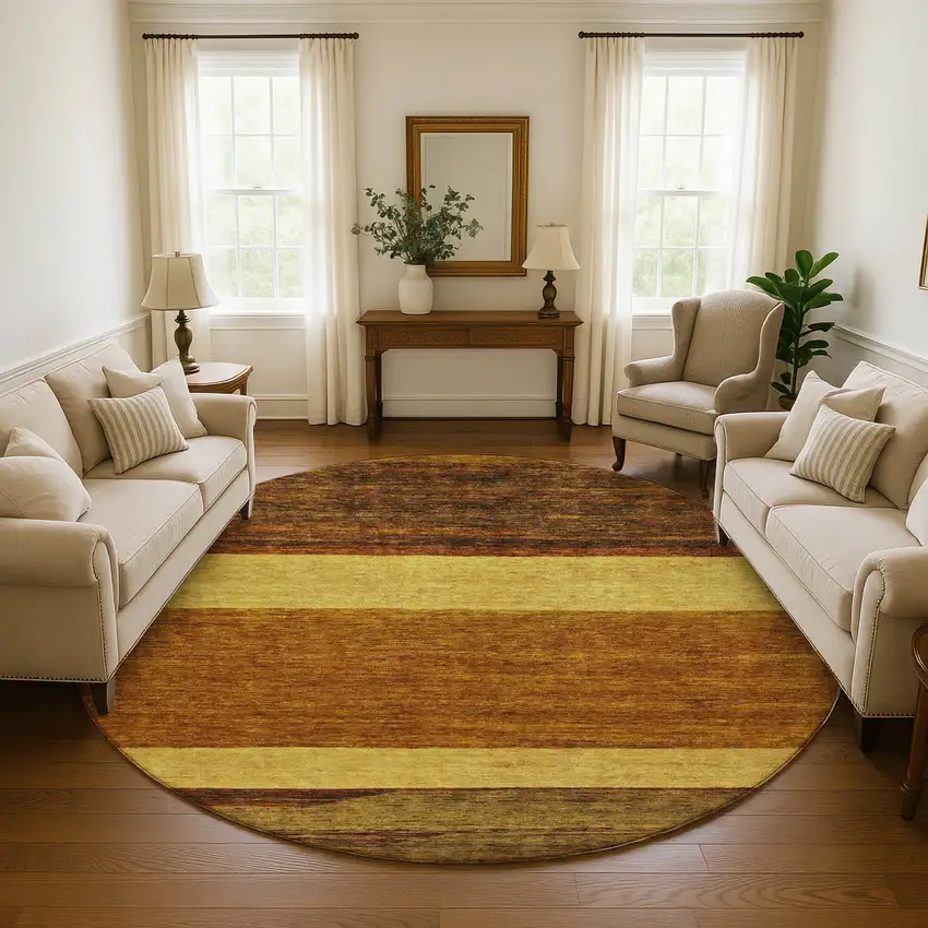 8' Terra Cotta Gold And Brown Striped Washable Round Rug With UV Protection Photo 4