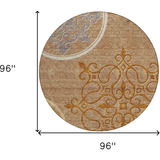 8' Terra Cotta Gold And Gray Round Floral Medallion Washable Indoor Outdoor Area Rug Photo 3