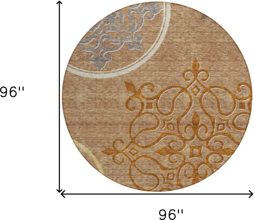 8' Terra Cotta Gold And Gray Round Floral Medallion Washable Indoor Outdoor Area Rug Photo 3