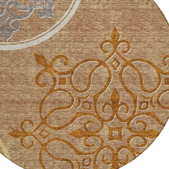 8' Terra Cotta Gold And Gray Round Floral Medallion Washable Indoor Outdoor Area Rug Photo 4