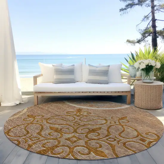 8' Terra Cotta Gold And Gray Round Floral Medallion Washable Indoor Outdoor Area Rug Photo 6