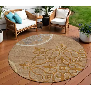 Photo of 8' Terra Cotta Gold And Gray Round Floral Medallion Washable Indoor Outdoor Area Rug