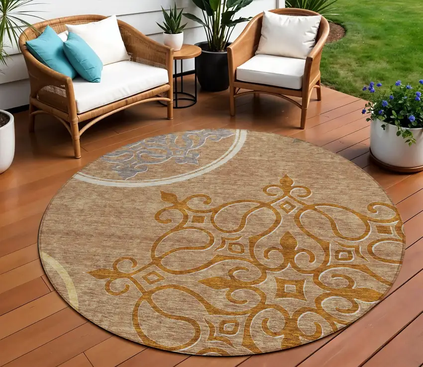 8' Terra Cotta Gold And Gray Round Floral Medallion Washable Indoor Outdoor Area Rug Photo 1
