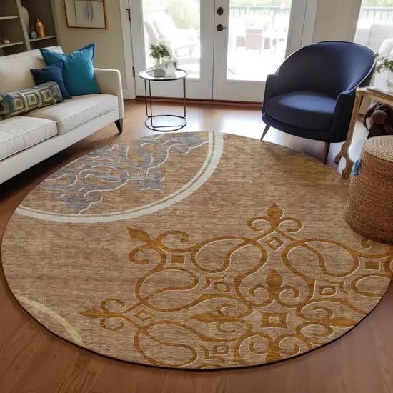 8' Terra Cotta Gold And Gray Round Floral Medallion Washable Indoor Outdoor Area Rug Photo 7