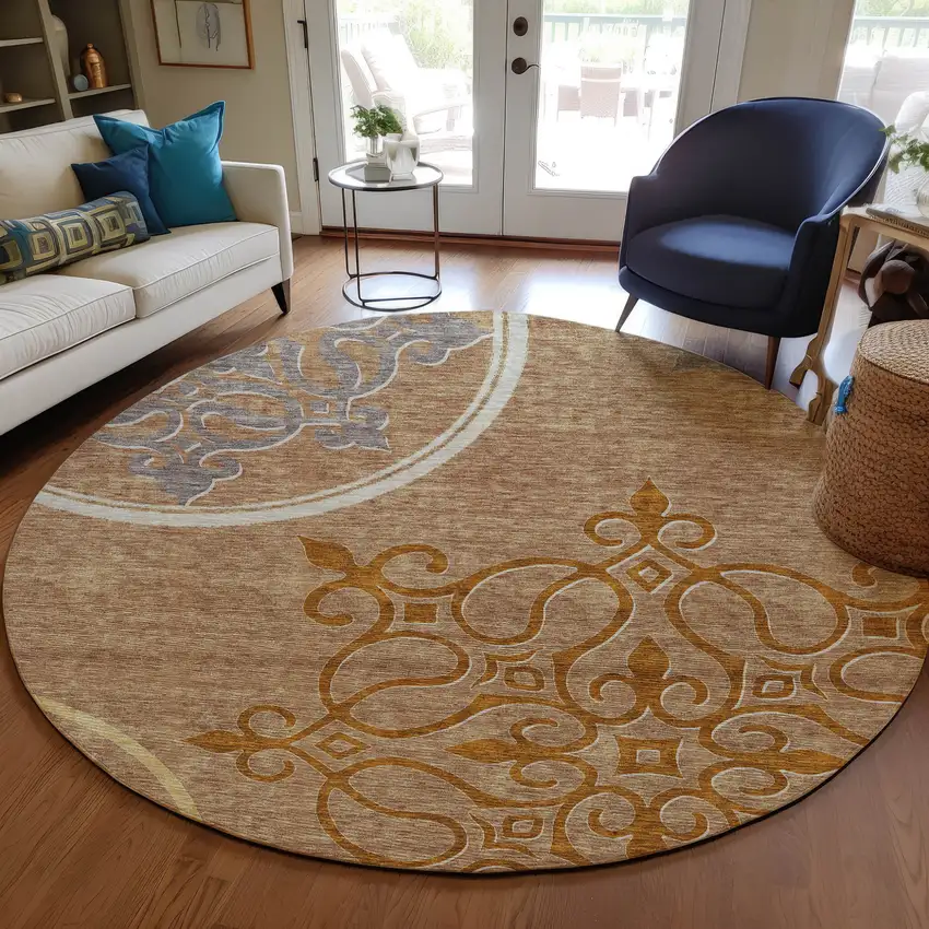8' Terra Cotta Gold And Gray Round Floral Medallion Washable Indoor Outdoor Area Rug Photo 7