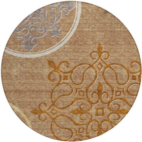8' Terra Cotta Gold And Gray Round Floral Medallion Washable Indoor Outdoor Area Rug Photo 2