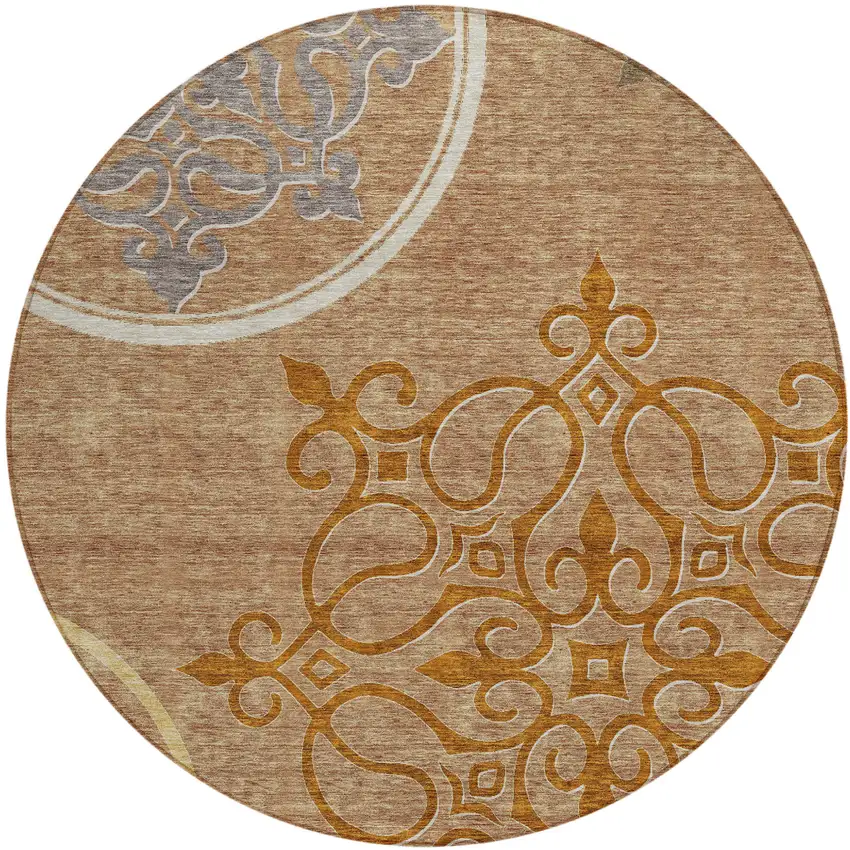 8' Terra Cotta Gold And Gray Round Floral Medallion Washable Indoor Outdoor Area Rug Photo 2