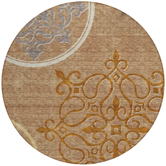 8' Terra Cotta Gold And Gray Round Floral Medallion Washable Indoor Outdoor Area Rug Photo 5