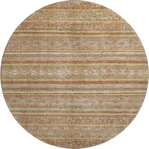 Photo of 8' Terra Cotta Gold And Gray Striped Washable Round Rug With UV Protection