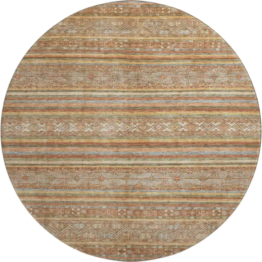 8' Terra Cotta Gold And Gray Striped Washable Round Rug With UV Protection Photo 1