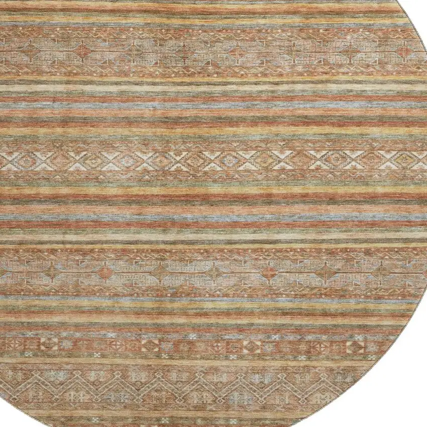 8' Terra Cotta Gold And Gray Striped Washable Round Rug With UV Protection Photo 3