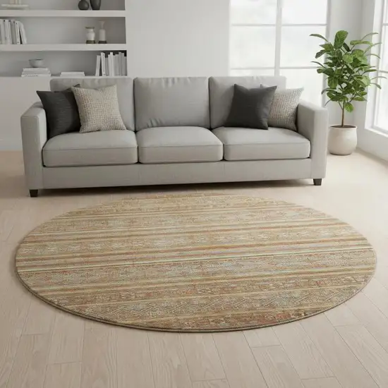 8' Terra Cotta Gold And Gray Striped Washable Round Rug With UV Protection Photo 2