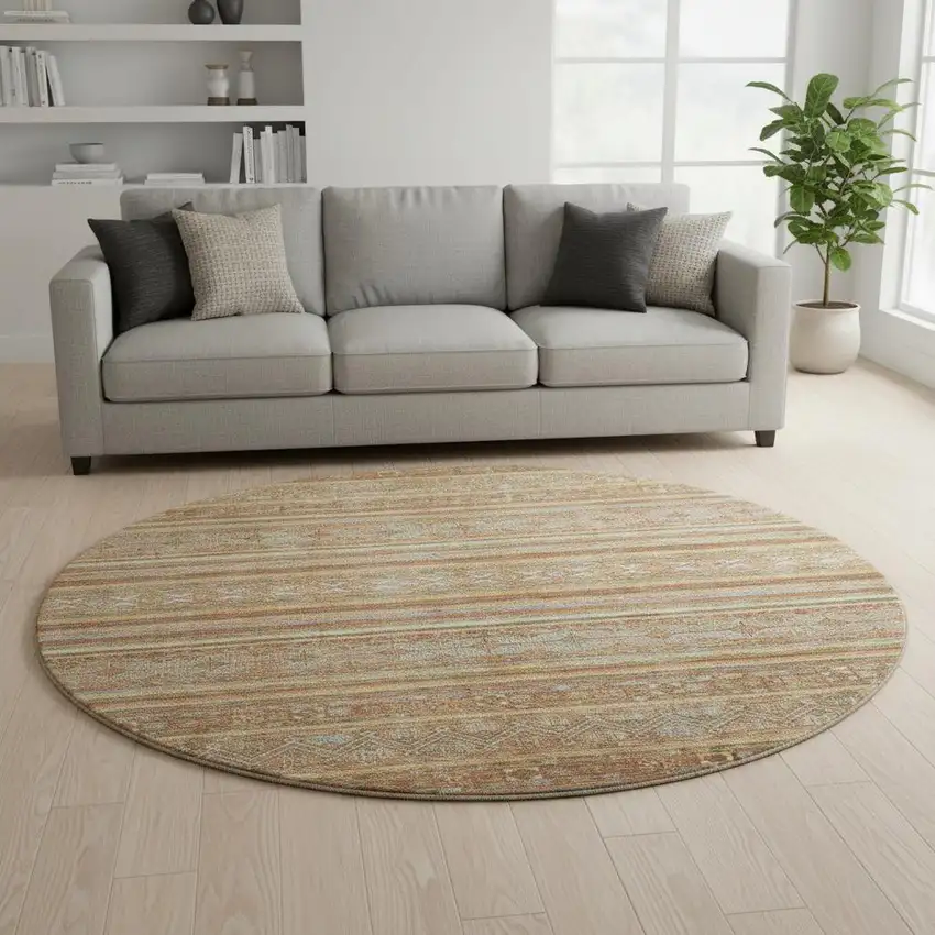 8' Terra Cotta Gold And Gray Striped Washable Round Rug With UV Protection Photo 2