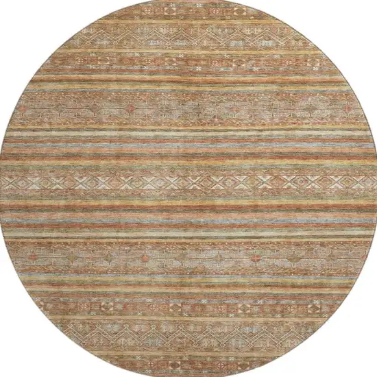 8' Terra Cotta Gold And Gray Striped Washable Round Rug With UV Protection Photo 3