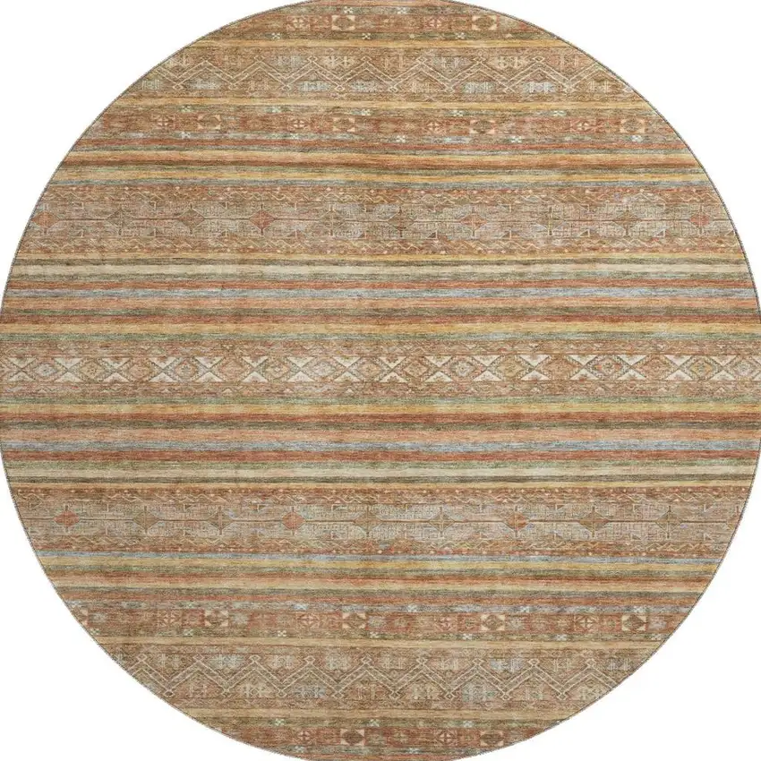 8' Terra Cotta Gold And Gray Striped Washable Round Rug With UV Protection Photo 3