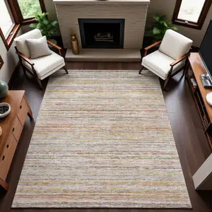 Photo of 8' Terra Cotta Gold And Peach Striped Washable Area Rug With UV Protection