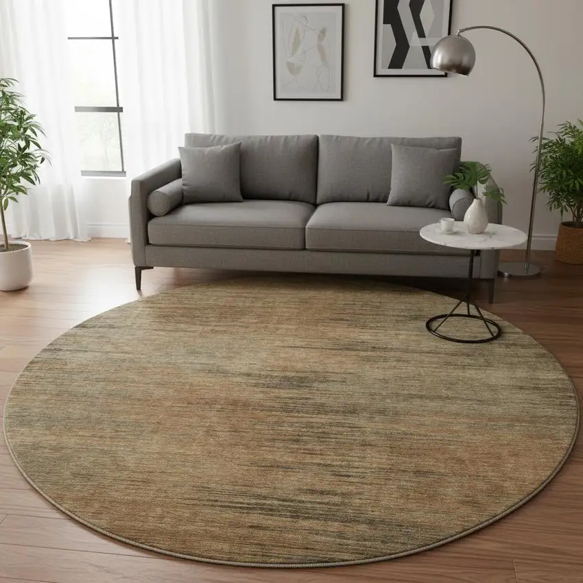 8' Terra Cotta Gray And Beige Abstract Washable Round Rug With UV Protection Photo 2