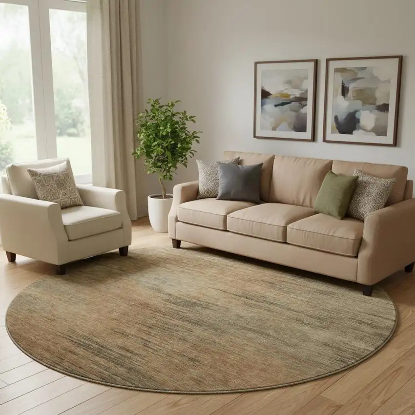 8' Terra Cotta Gray And Beige Abstract Washable Round Rug With UV Protection Photo 1