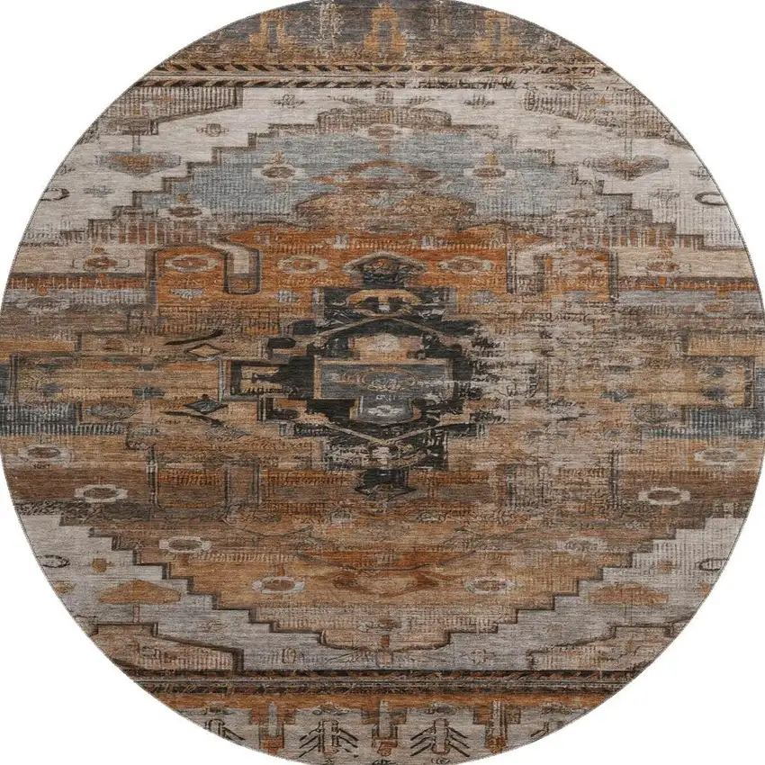 8' Terra Cotta Gray And Beige Oriental Washable Round Rug With UV Protection Photo 3