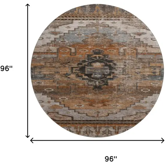 8' Terra Cotta Gray And Beige Oriental Washable Round Rug With UV Protection Photo 9