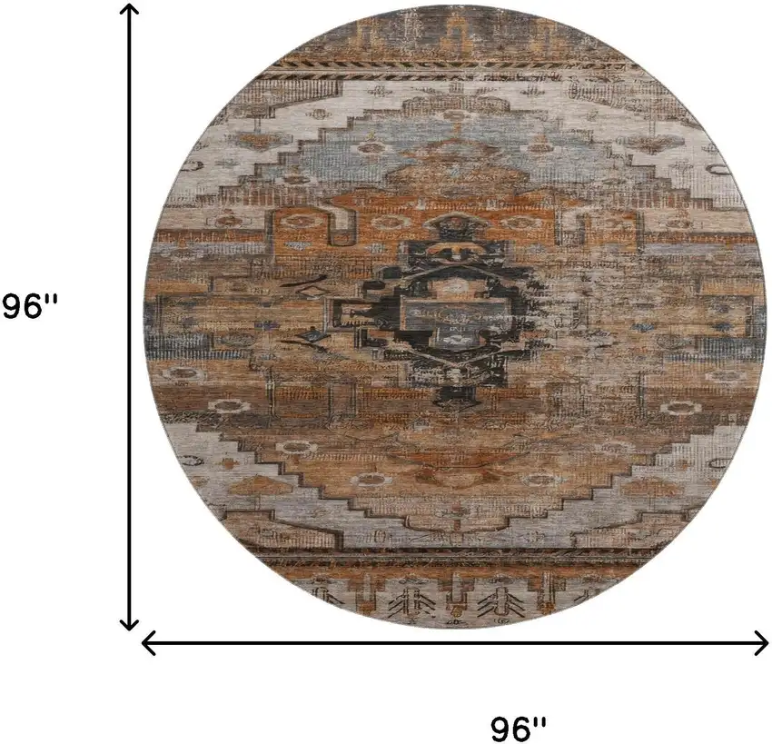 8' Terra Cotta Gray And Beige Oriental Washable Round Rug With UV Protection Photo 9