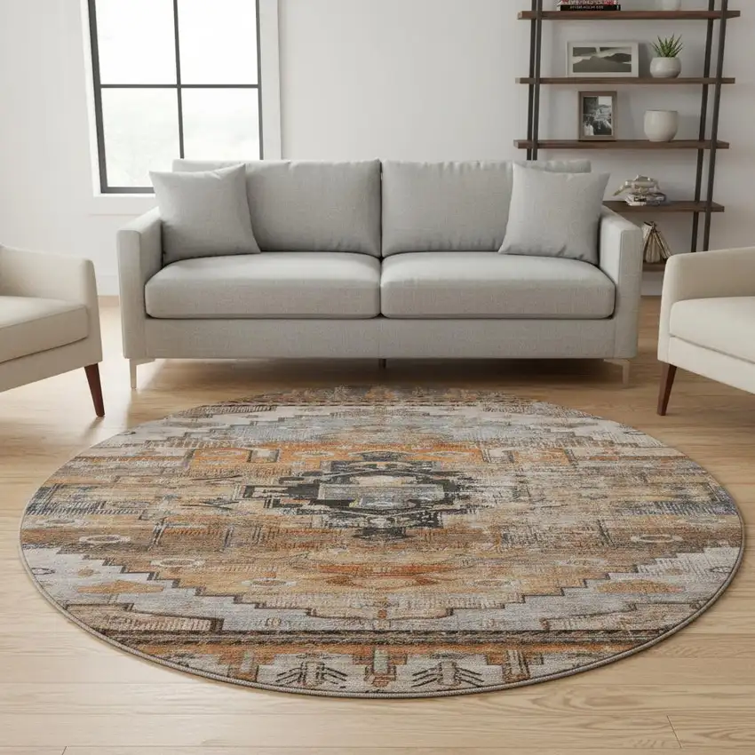 8' Terra Cotta Gray And Beige Oriental Washable Round Rug With UV Protection Photo 2