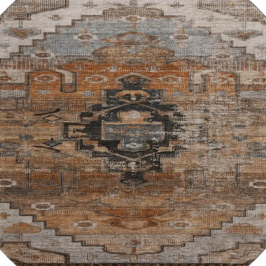 8' Terra Cotta Gray And Beige Oriental Washable Round Rug With UV Protection Photo 2