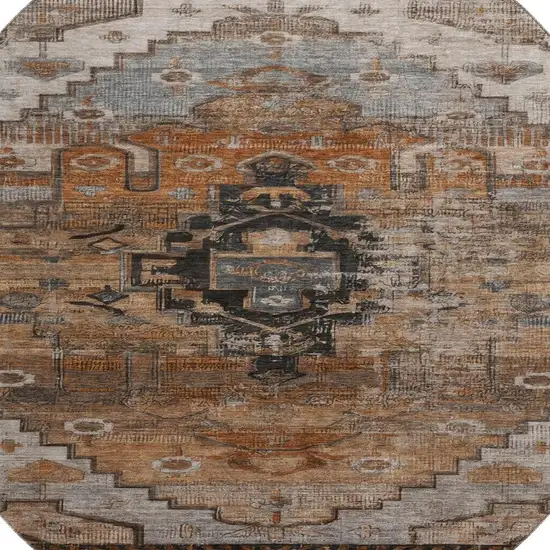 8' Terra Cotta Gray And Beige Oriental Washable Round Rug With UV Protection Photo 2