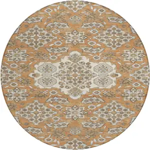 Photo of 8' Terra Cotta Gray And Beige Round Medallion Washable Indoor Outdoor Area Rug