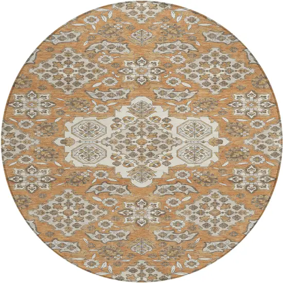 8' Terra Cotta Gray And Beige Round Medallion Washable Indoor Outdoor Area Rug Photo 1